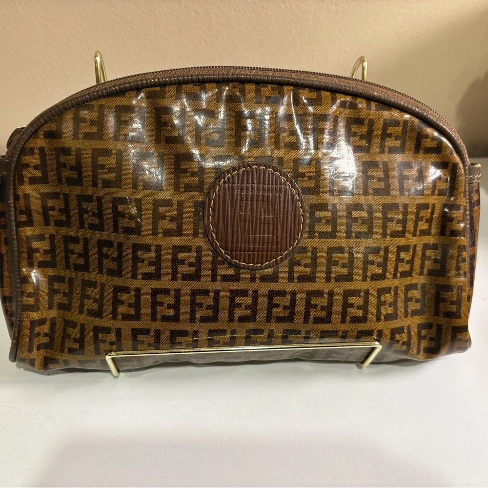 Vintage Fendi Zucca FF Monogram Dome Cosmetic Pouch Beauty Case Brown Italy Y2K